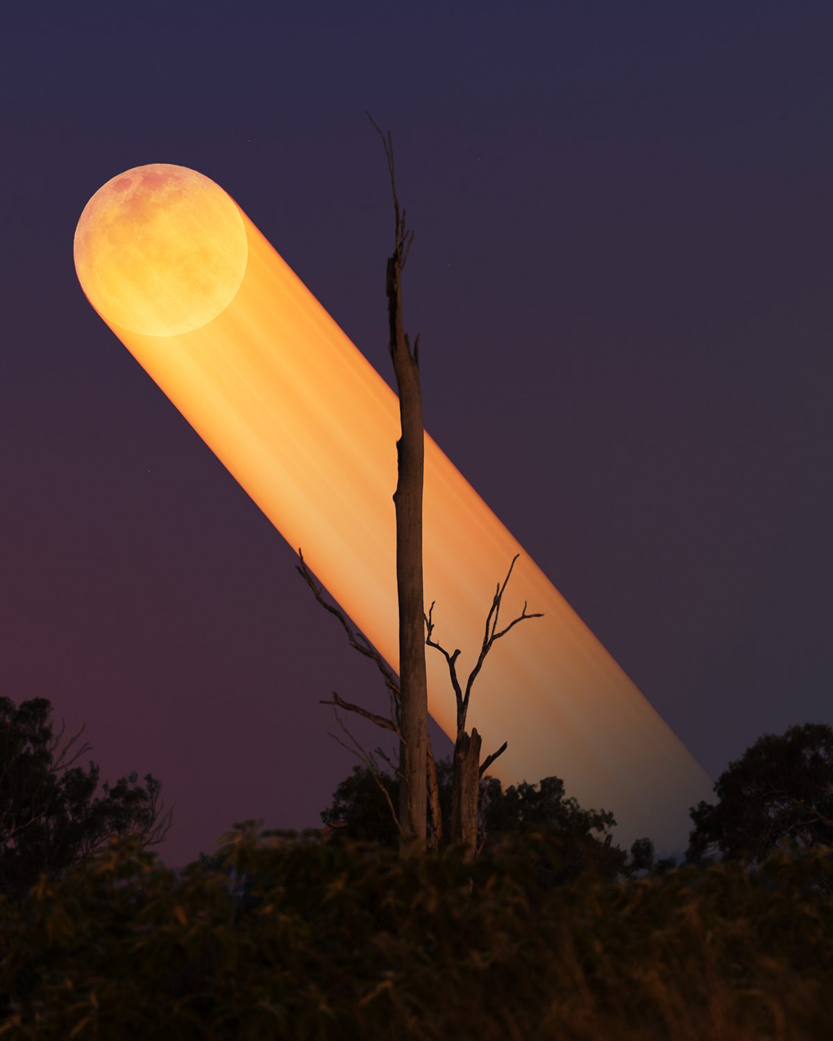The Buck Moon 2026 trailing across the sky, captured by Taran Sohal, Brisbane, Australia, 29 July 2026. Equipment: Nikon D850 camera, Nikkor 200-500mm, tripod, stack of 2 NISI ND filters Exposure: f/5.6, 15 minutes for Moon, 5 seconds for foreground Software: Photoshop