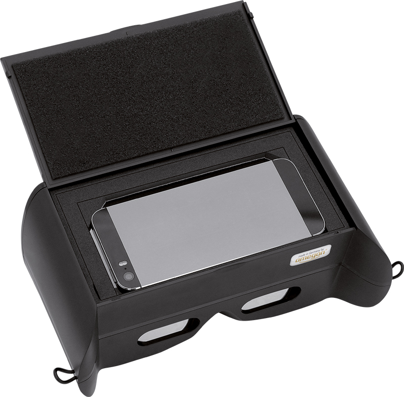 Smartphone resting inside VR headset.
