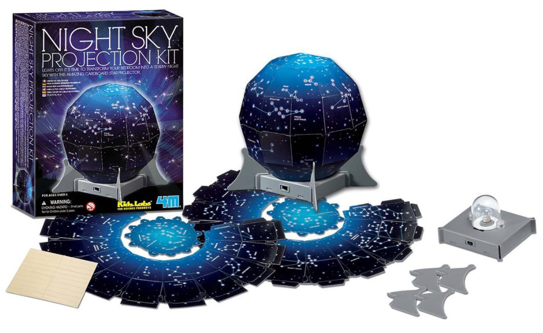 Kit containing components to build your own star projectors including a bulb and flat cardboard cutouts that can be constructed into the projection dome.