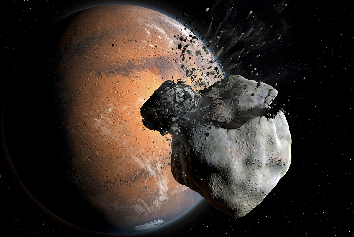 Artist's impression of Mars's moon Phobos being destroyed. Credit: Mark Garlick / Science Photo Library / Getty Images
