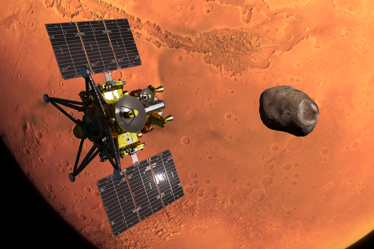 Artist's impression of the MMX spacecraft at Mars and Phobos. Credit: JAXA