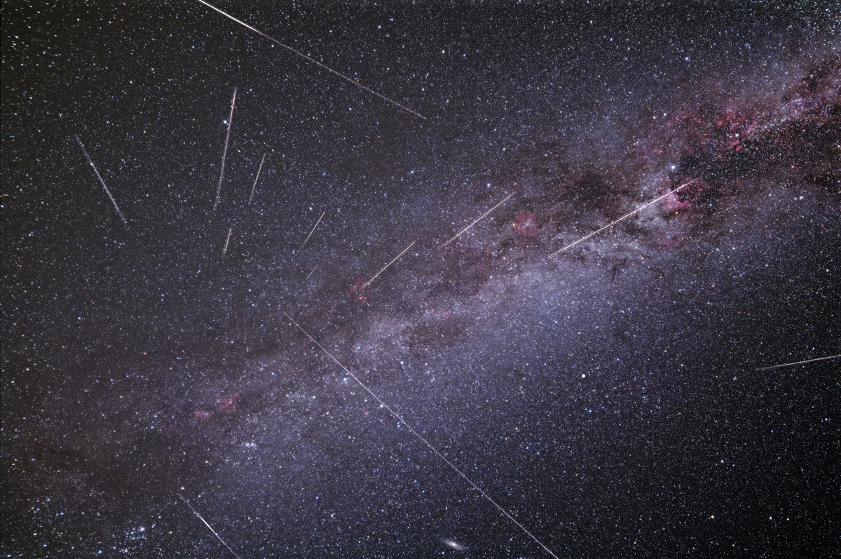 A composite image showing the peak of the Perseid Meteor shower, 12-13 August 2023, captured by Greg Meyer from Phoenix, Arizona, USA. Taken with a Canon Rebel and 14mm Rokinon lens at 2.8, ISO 1600, 90 sec exposures on a Star-Adventurer Star Tracker.