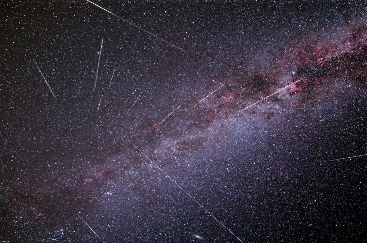 A composite image showing the peak of the Perseid Meteor shower, 12-13 August 2023, captured by Greg Meyer from Phoenix, Arizona, USA. Taken with a Canon Rebel and 14mm Rokinon lens at 2.8, ISO 1600, 90 sec exposures on a Star-Adventurer Star Tracker.