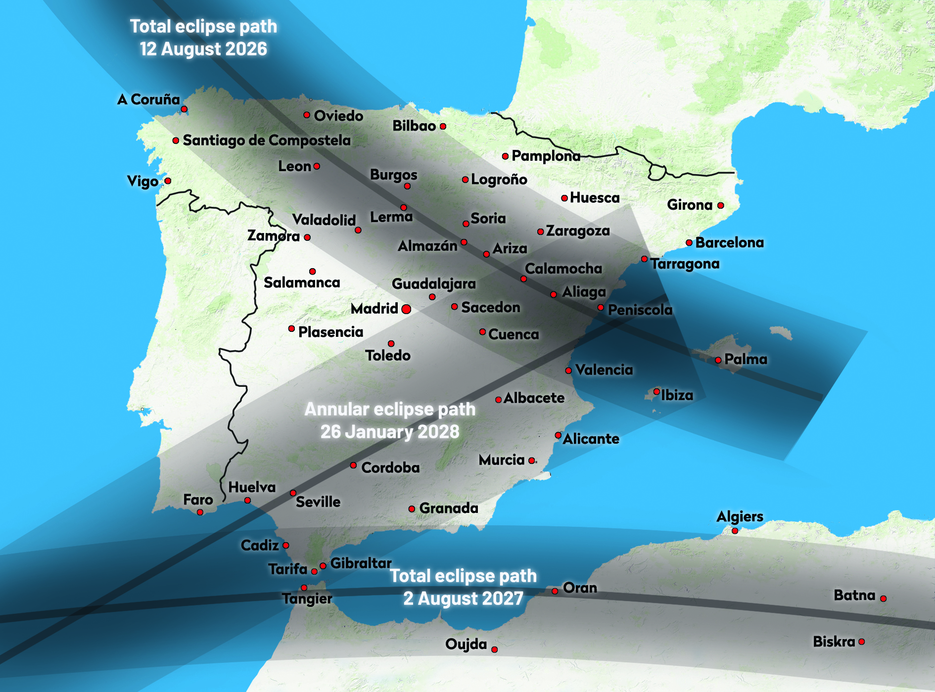 Map showing paths of totality for the Spanish total solar eclipses of 12 August 2026 and 2 August 2027, as well as the path of annularity for the ‘ring of fire’ eclipse on 26 January 2028. Credit: BBC Sky at Night Magazine