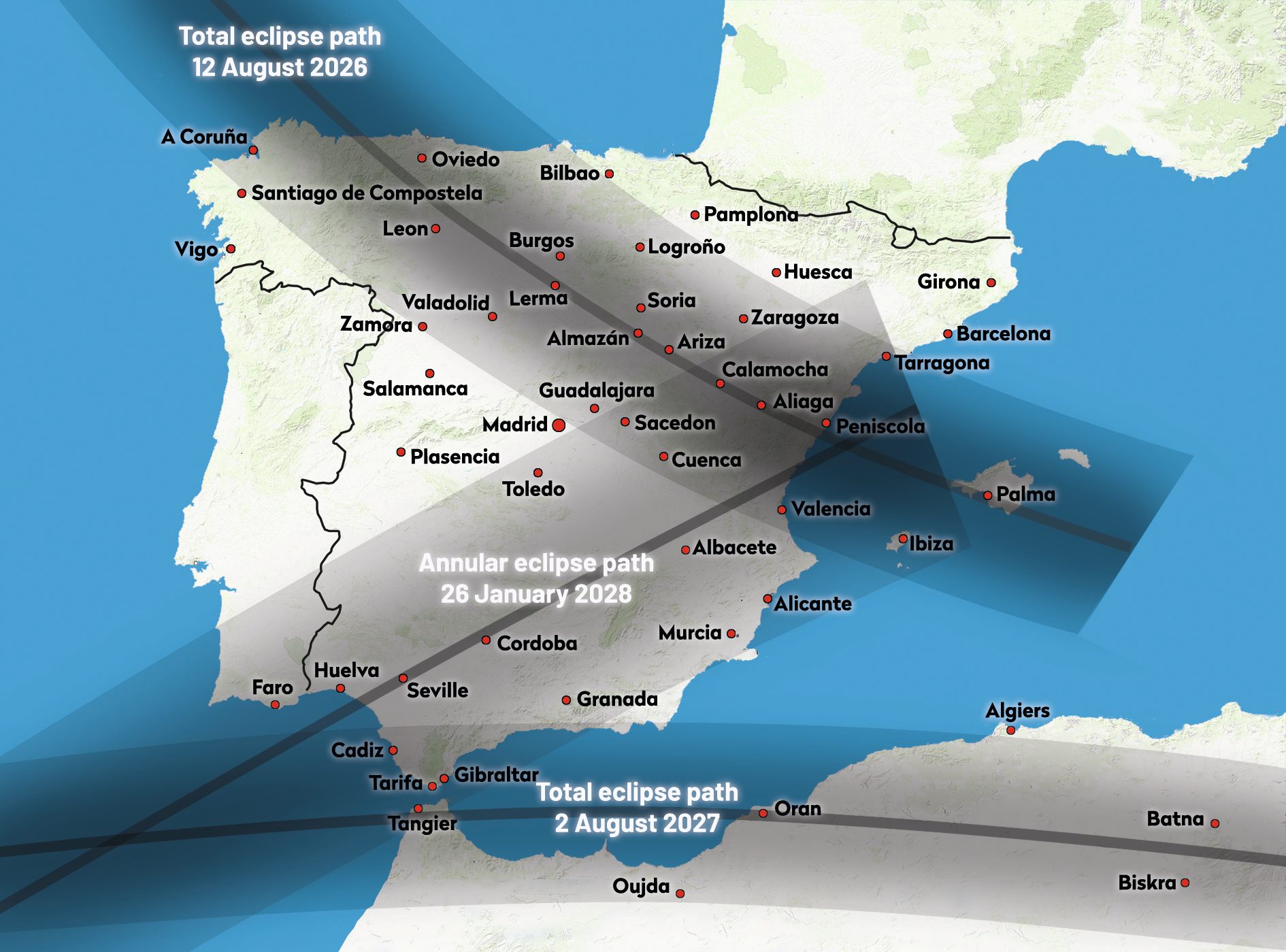 Map showing paths of totality for the Spanish total solar eclipses of 12 August 2026 and 2 August 2027, as well as the path of annularity for the ‘ring of fire’ eclipse on 26 January 2028. Credit: BBC Sky at Night Magazine