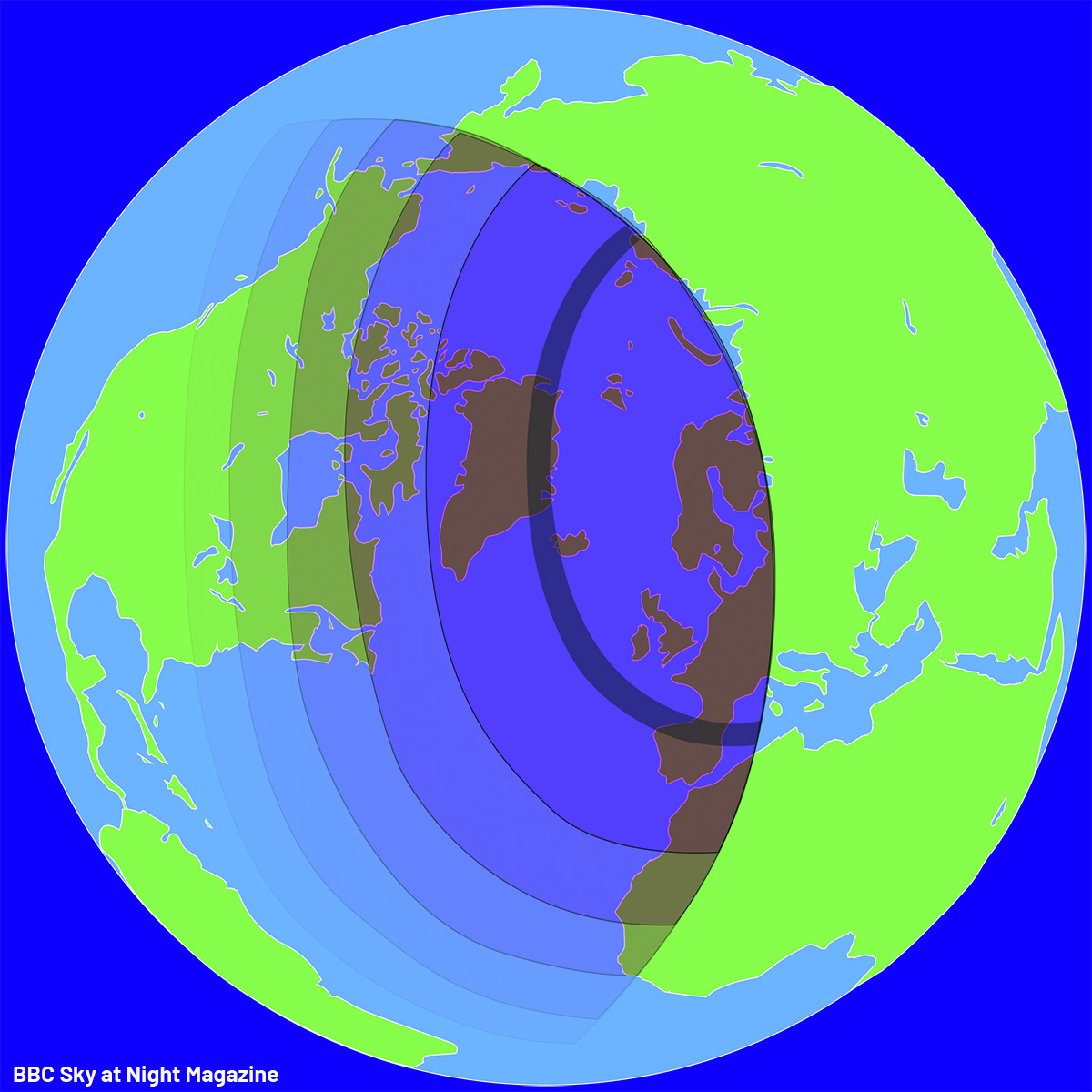Map showing the path of the 12 August 2026 total solar eclipse. The path of totality is represented by a dark, thin line. Either side of that line, observers will see a partial solar eclipse. Credit: BBC Sky at Night Magazine / Paul Wootton
