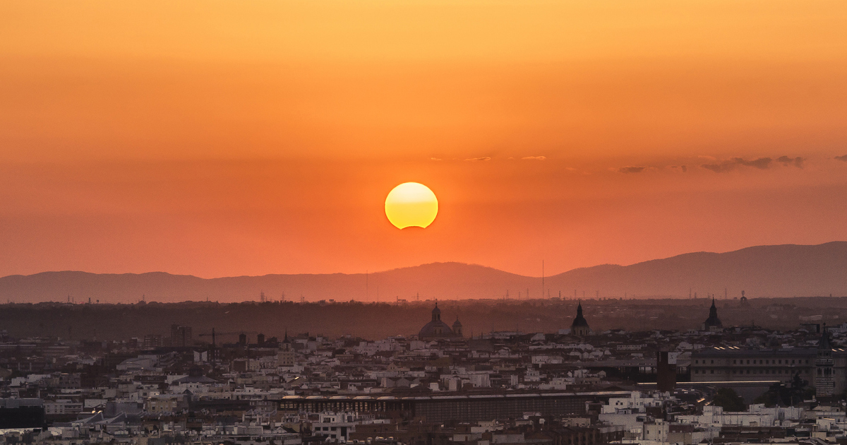 Partial solar eclipse over Madrid, Spain, the country that's arguably the best place to see the August 2026 eclipse. Credit: Cavan Images / Getty Images
