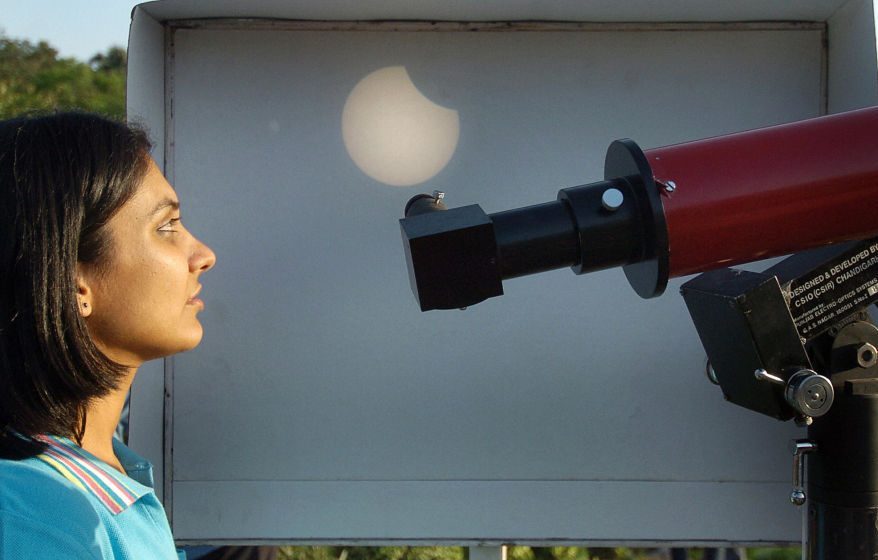 If you have a telescope, projecting a view of the August 2026 solar eclipse could be an option. Credit: Manan Vatsyayana/AFP via Getty Images
