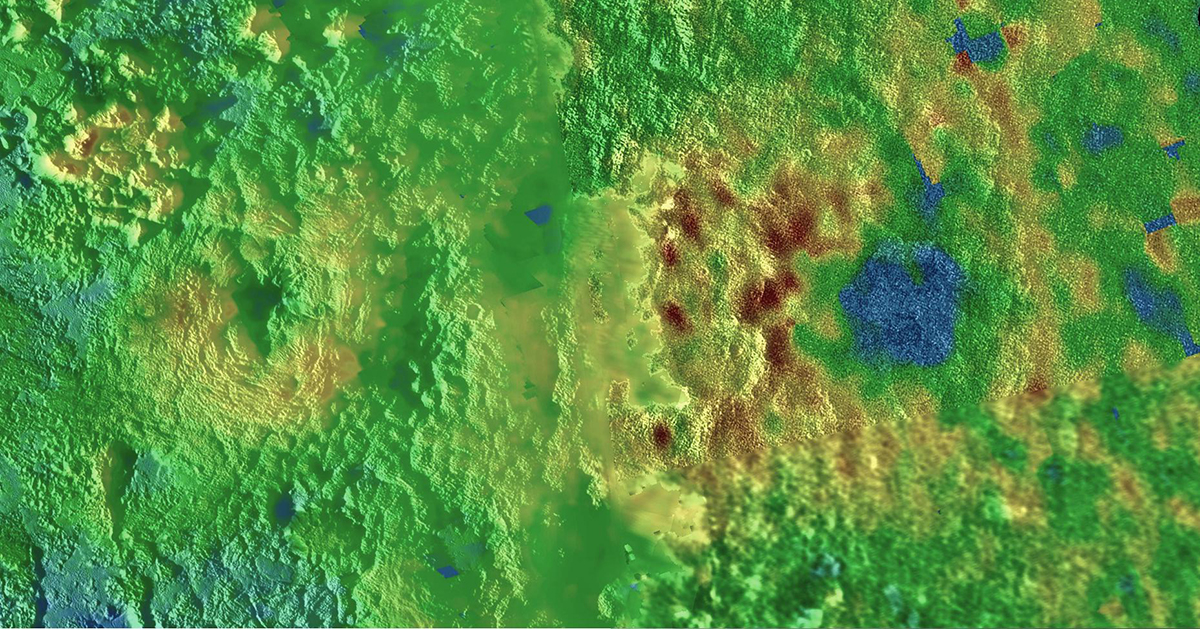 Topographic map showing two of Pluto's mountains, Wright Mons (left) and Piccard Mons (right). False colour shows changes in elevation, with blue indicating lower terrain and brown showing higher elevation; green terrains are at intermediate heights. Credit: NASA/Johns Hopkins University Applied Physics Laboratory/Southwest Research Institute