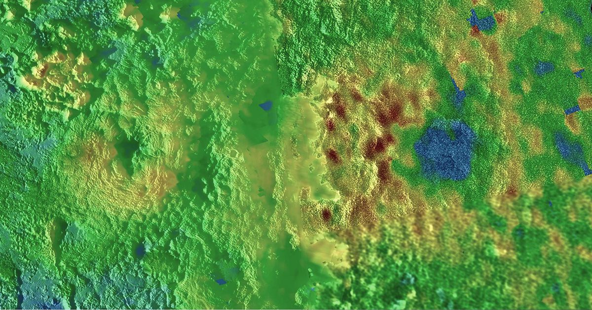 Topographic map showing two of Pluto's mountains, Wright Mons (left) and Piccard Mons (right). False colour shows changes in elevation, with blue indicating lower terrain and brown showing higher elevation; green terrains are at intermediate heights. Credit: NASA/Johns Hopkins University Applied Physics Laboratory/Southwest Research Institute