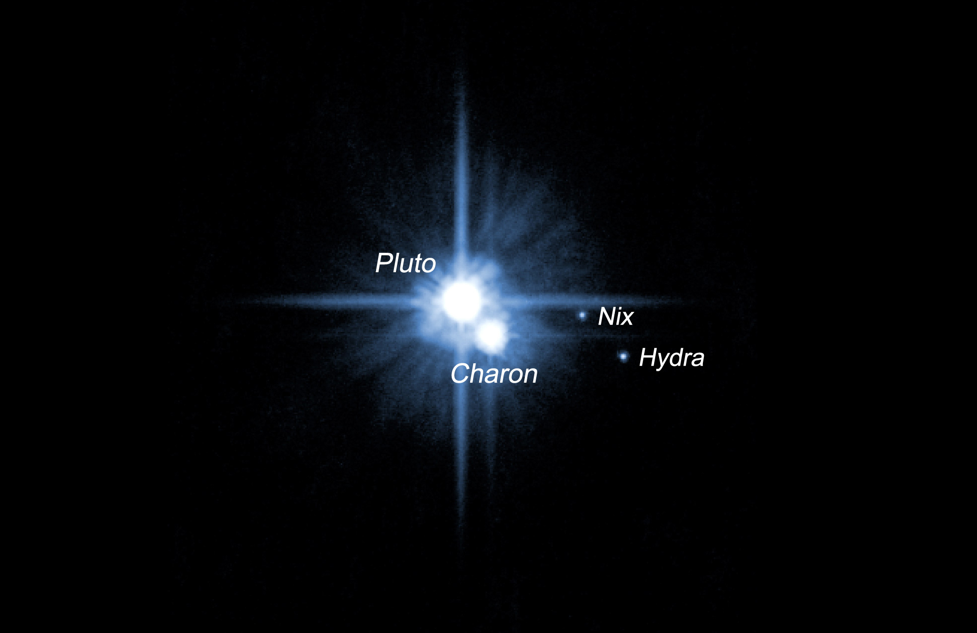 Hubble Space Telescope image showing some of Pluto's moons. Credit: NASA, ESA, H. Weaver (JHU/APL), A. Stern (SwRI), and the HST Pluto Companion Search Team
