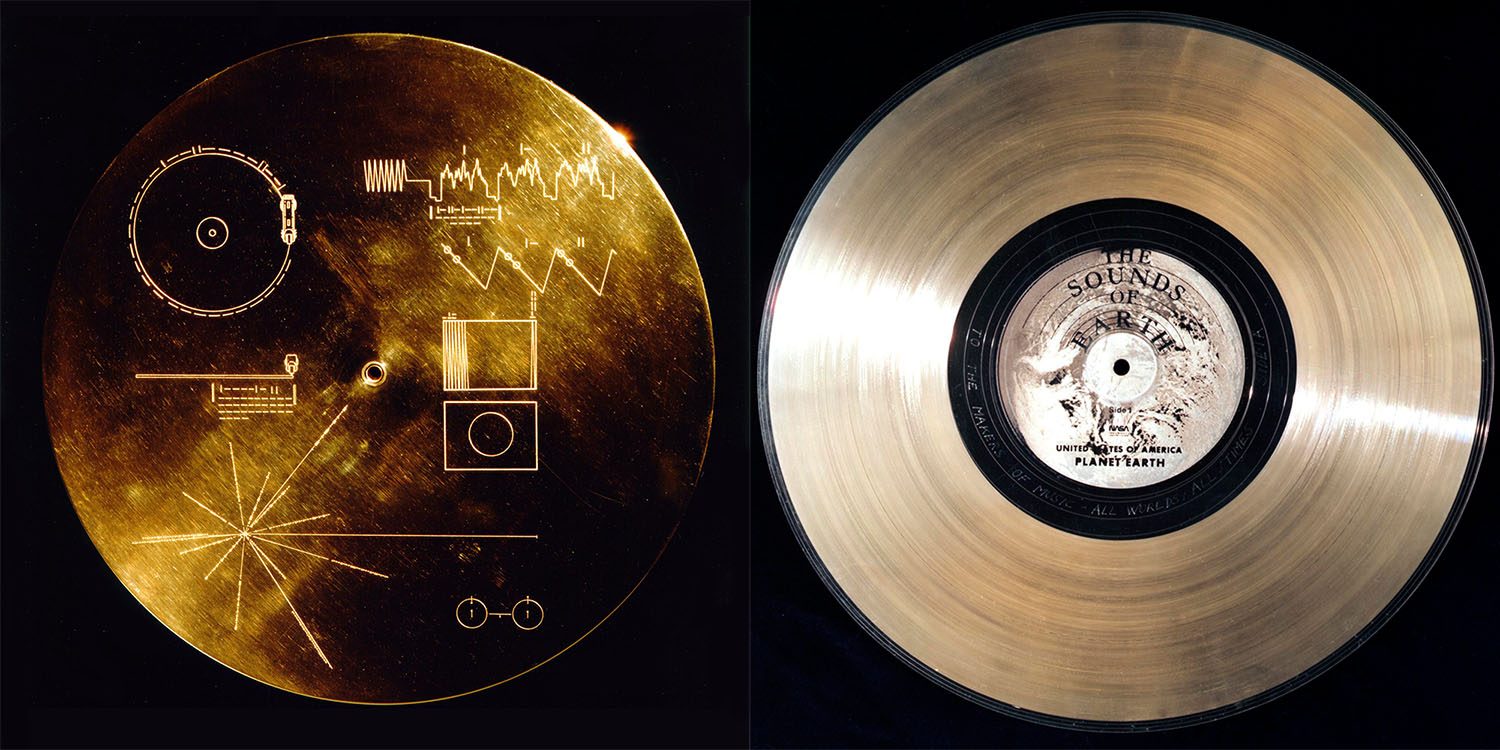 The Golden Record that was sent on the Voyager spacecraft, in the hope an intelligent alien species might one day find it. The cover shows information on how it should be played as well as illustrations revealing the location of the SolarSystem. Credit: NASA/JPL-Caltech