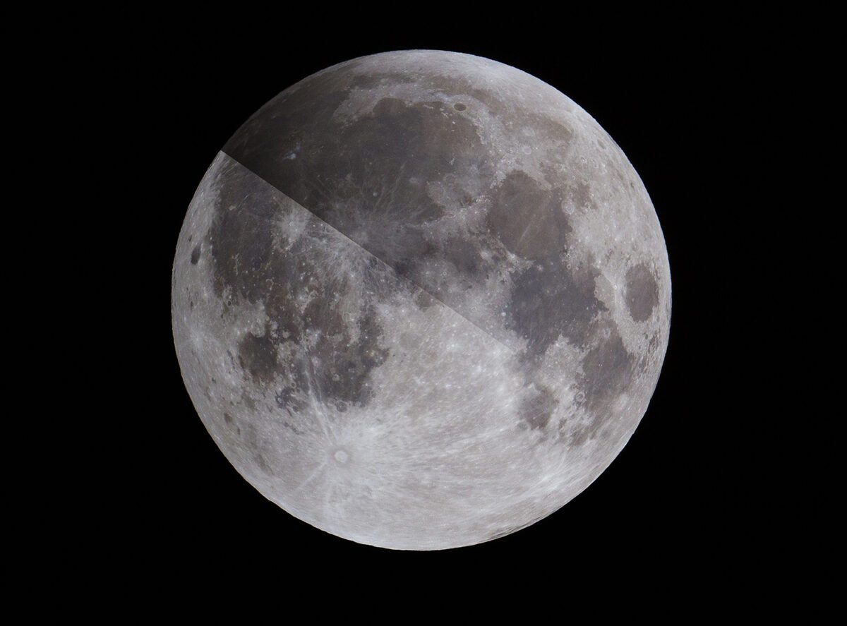 A layered photograph of a penumbral lunar eclipse can emphasise the darkening of the penumbra shadow. Credit: Pete Lawrence