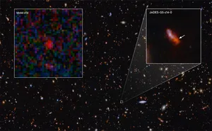 At a redshift of z = 14.44, MoM-z14 usurps the former record holder JADES-GS-z14-0. Credit: Rohan P. Naidu et al (2025)/NASA/JWST, NASA/ESA/CSA/STScI/Brant Robertson (UC Santa Cruz) Ben Johnson (CfA) Sandro Tacchella (Cambridge) Phill Cargile (CfA) At a redshift of z = 14.44, MoM-z14 usurps the former record holder JADES-GS-z14-0. Credit: Rohan P. Naidu et al (2025)/NASA/JWST, NASA/ESA/CSA/STScI/Brant Robertson (UC Santa Cruz) Ben Johnson (CfA) Sandro Tacchella (Cambridge) Phill Cargile (CfA)