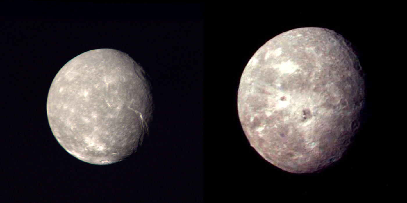 Uranus's moons Titania (left) and Oberon (right) in two images captured by Voyager 2. Moons are not to scale. Credit: NASA/JPL