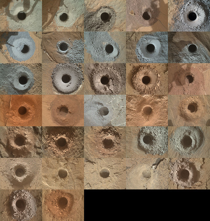 Drill holes showing 32 rock samples taken by the Curiosity rover. Credit: NASA/JPL-Caltech/MSSS
