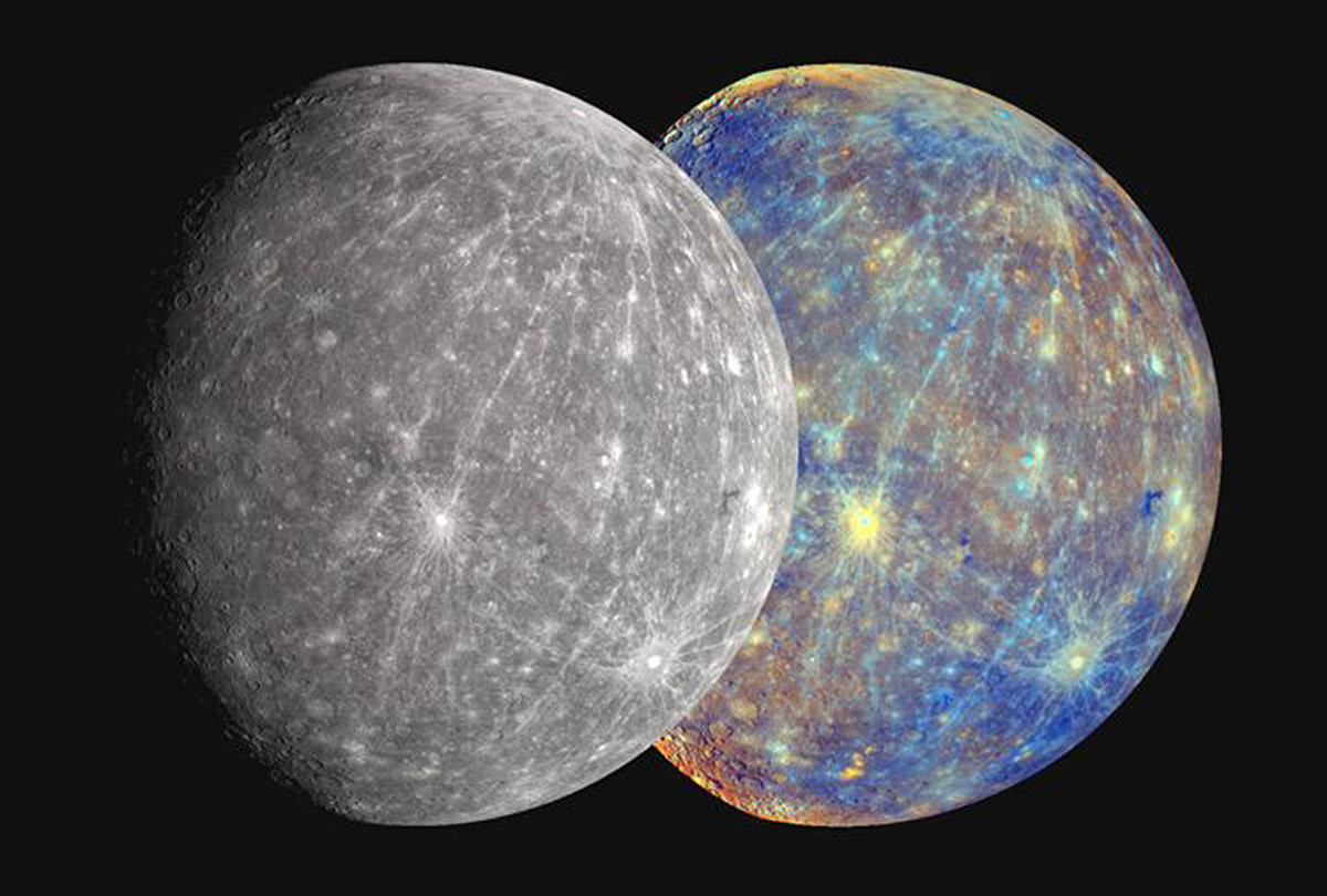 A view of Mercury captured by NASA’s MESSENGER spacecraft. Left is an approximation of the planet's true colour. Right is an image produced using all 11 filters on the spacecraft in visible and near-infrared to highlight subtle colour differences and the planet's geology. These images were captured on 6 October 2008. Credit: NASA/Johns Hopkins University Applied Physics Laboratory/Carnegie Institution of Washington