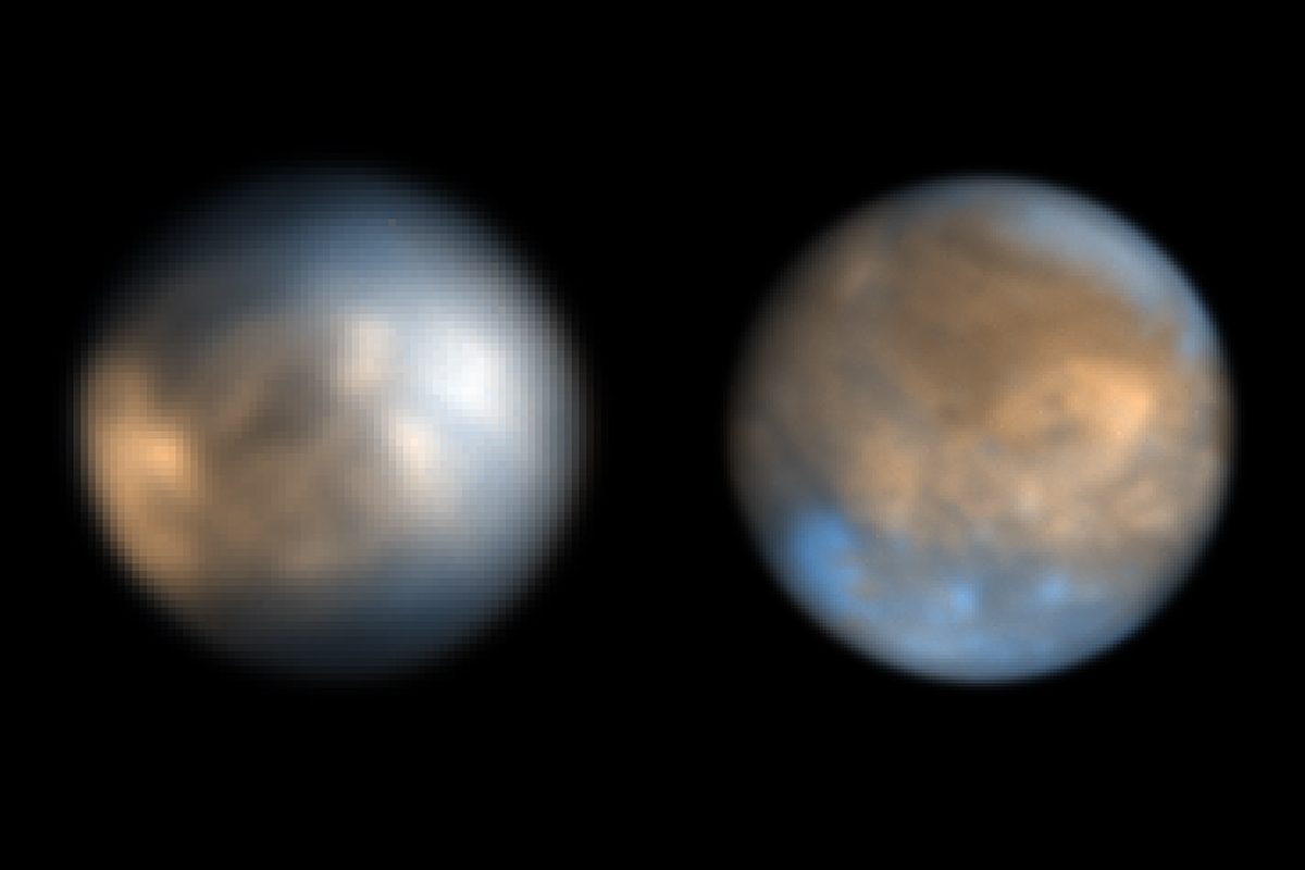 Jupiter's moons Europa (left) and Ganymede (right), as seen by the Very Large Telescope. Credit: ESO/King & Fletcher