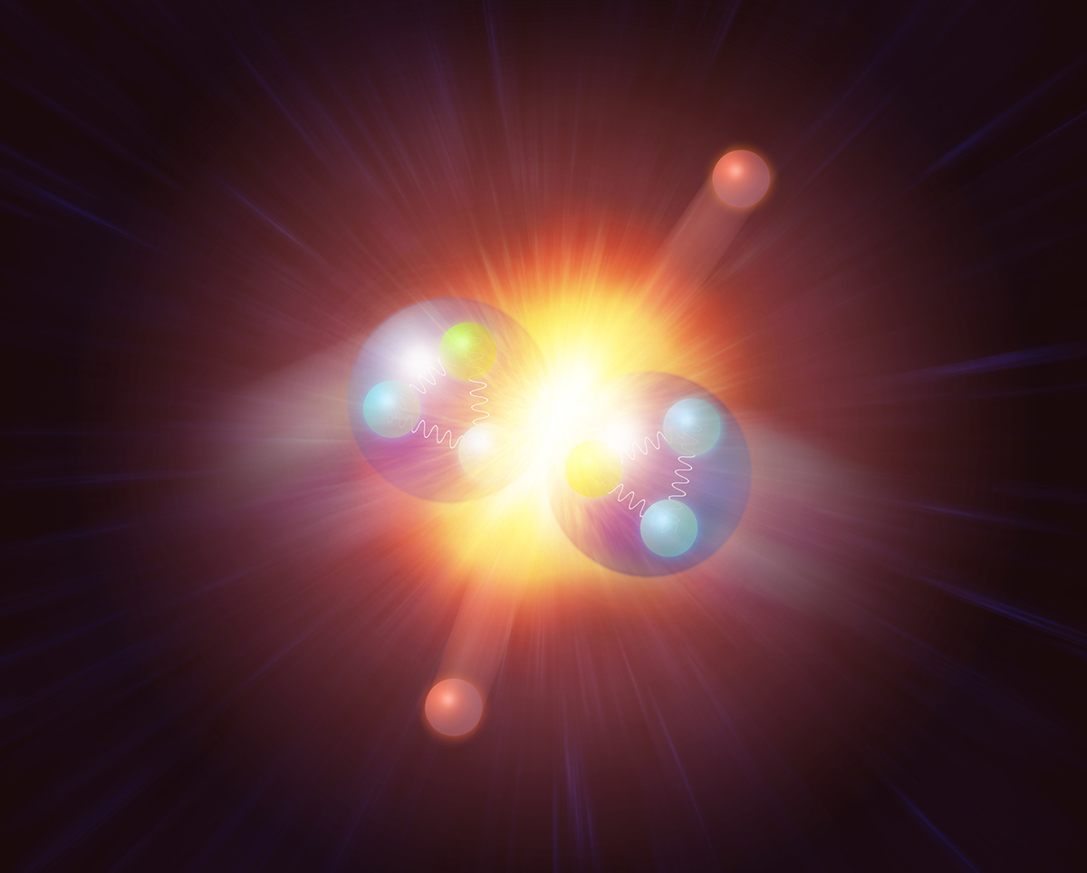 Illustration of the Higgs particle (orange, top and bottom) being produced by colliding two protons. Credit: MARK GARLICK/SCIENCE PHOTO LIBRARY