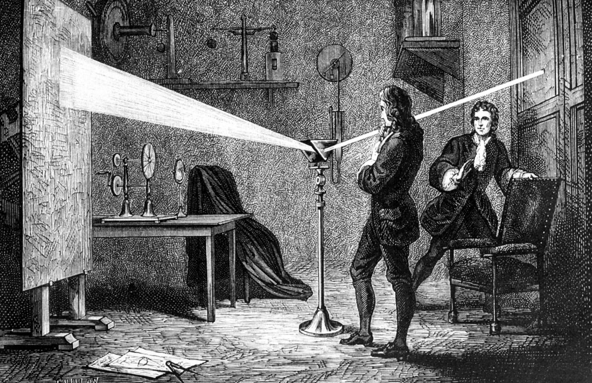 Isaac Newton dispersing light with a glass prism. Credit Apic/Getty Images