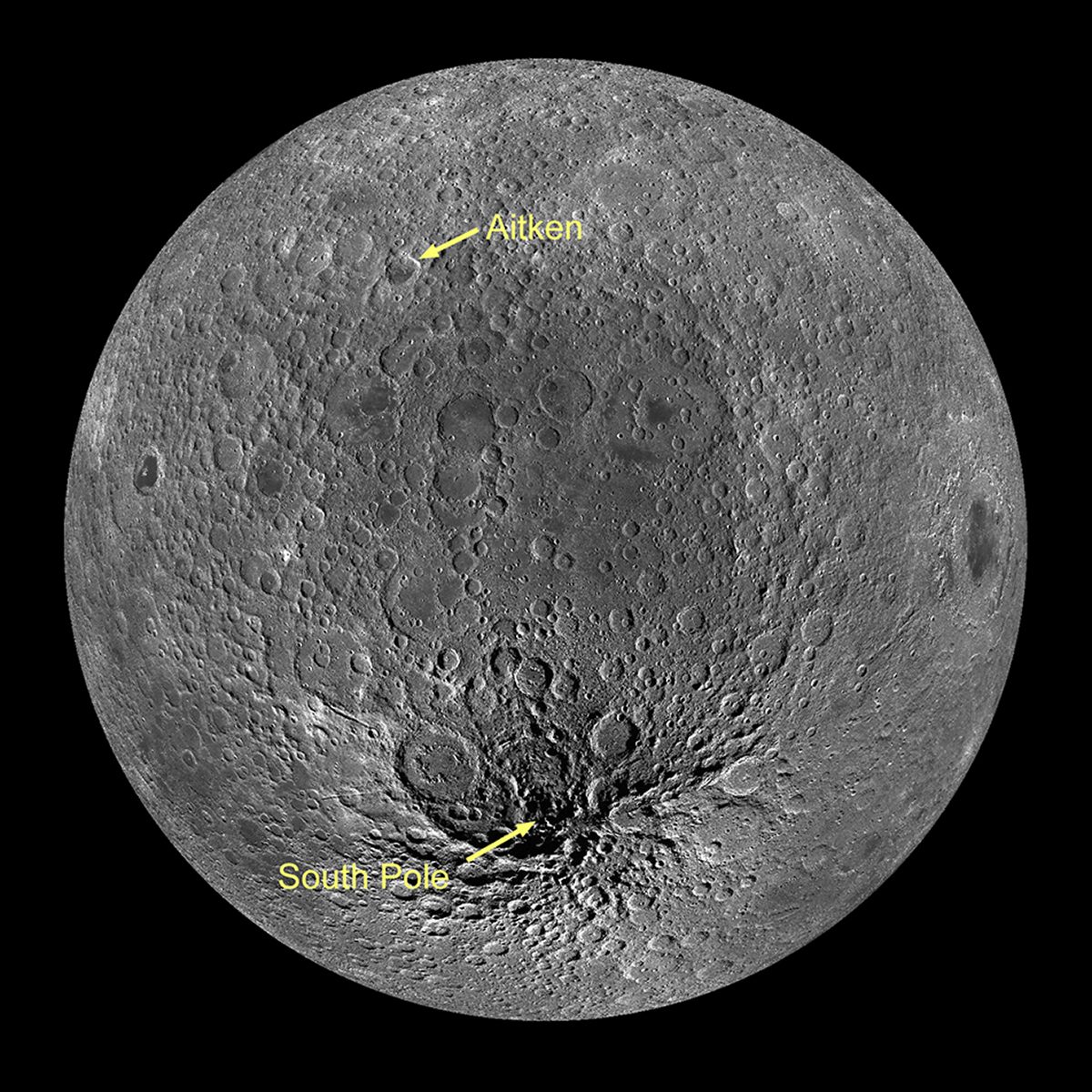 The South Pole-Aitken basin is the largest crater on Earth's Moon. Credit: NASA/GSFC/Arizona State University