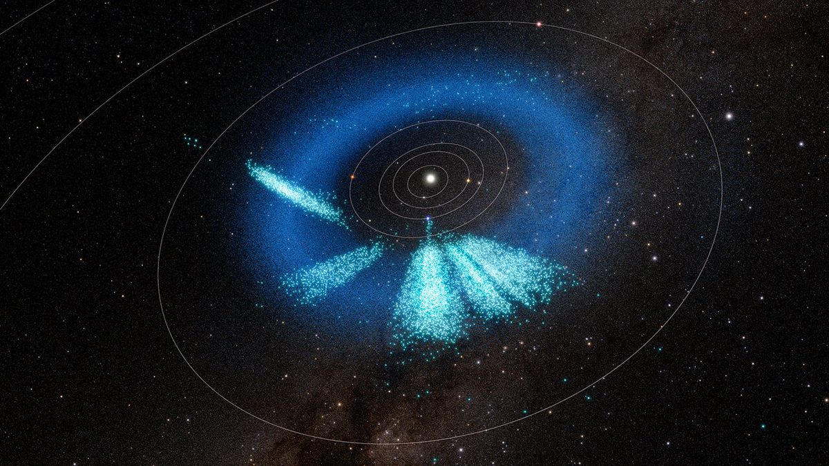 Model of the inner Solar System showing new asteroids discovered by the Vera C Rubin Observatory in light teal. Known asteroids are dark blue. Credit: NSF–DOE Vera C. Rubin Observatory/NOIRLab/SLAC/AURA/R. Proctor. Acknowledgements: Star map: NASA/Goddard Space Flight Center Scientific Visualization Studio. Gaia DR2: ESA/Gaia/DPAC. Image Processing: M. Zamani (NSF NOIRLab)