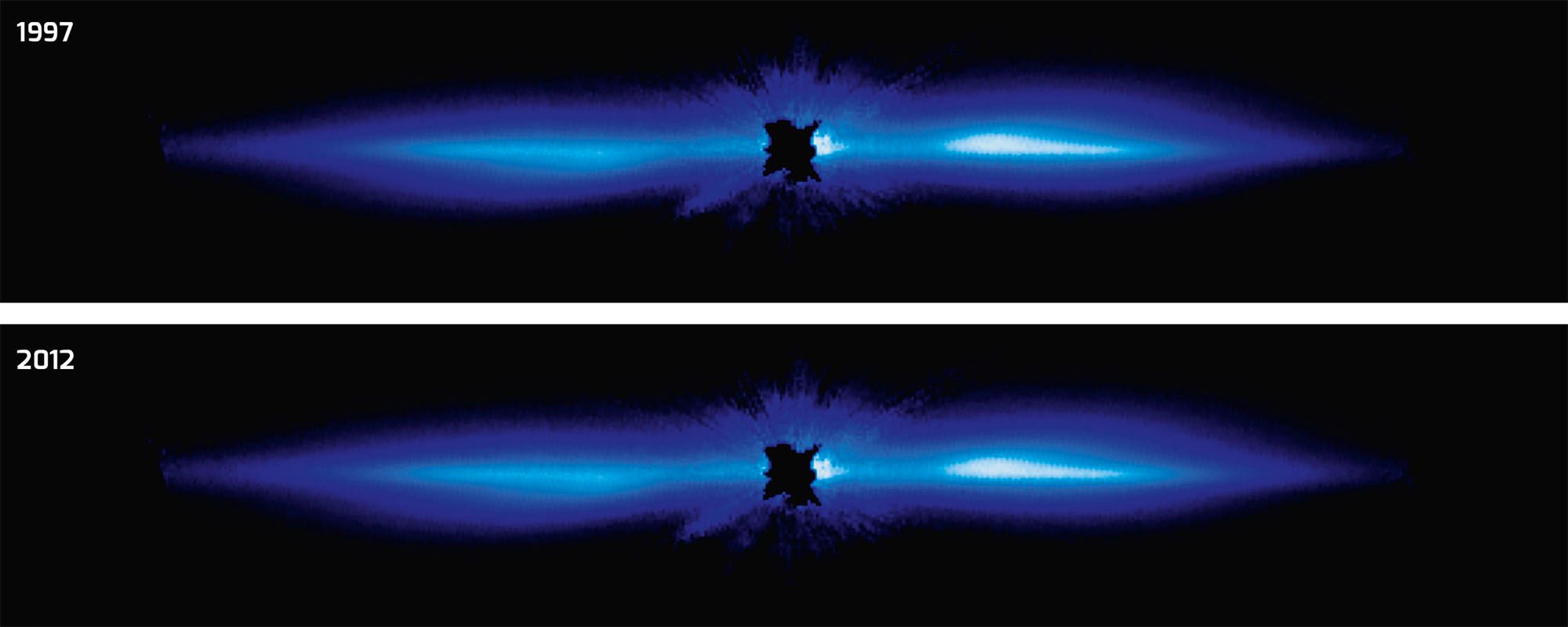 Both images show the disc of debris around the star Beta Pictoris. Astronomers were surprised to find that the disc’s dust distribution barely changed over 15 years, despite the fact that it orbits the star like a carousel. Credit: NASA / ESA / D. Apai, University of Arizona, Tucson / G. Schneider, University of Arizona, Tucson.