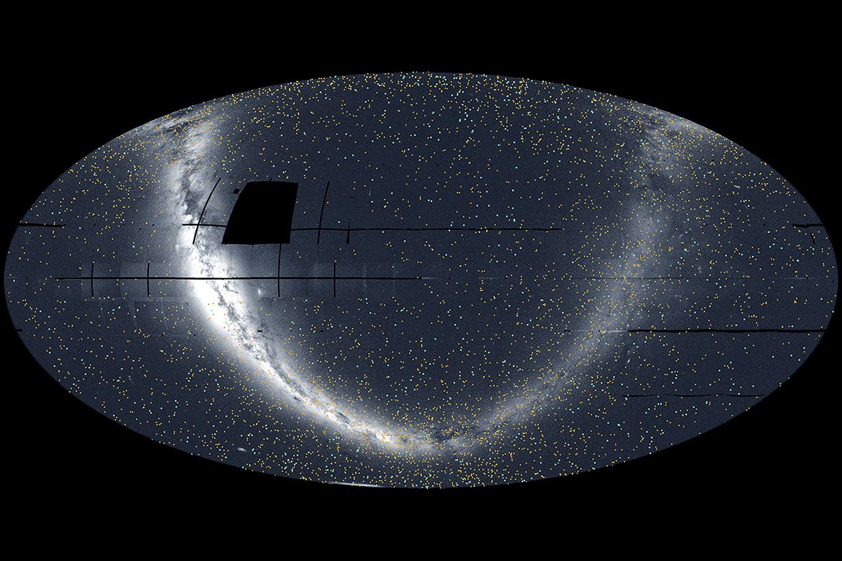An all-sky image of the Milky Way showing nearly 6,000 confirmed (blue) and potential (yellow) exoplanets, captured by the TESS mission between 2018 and 2025. Credit: NASA/MIT/TESS and Veselin Kostov, University of Maryland College Park