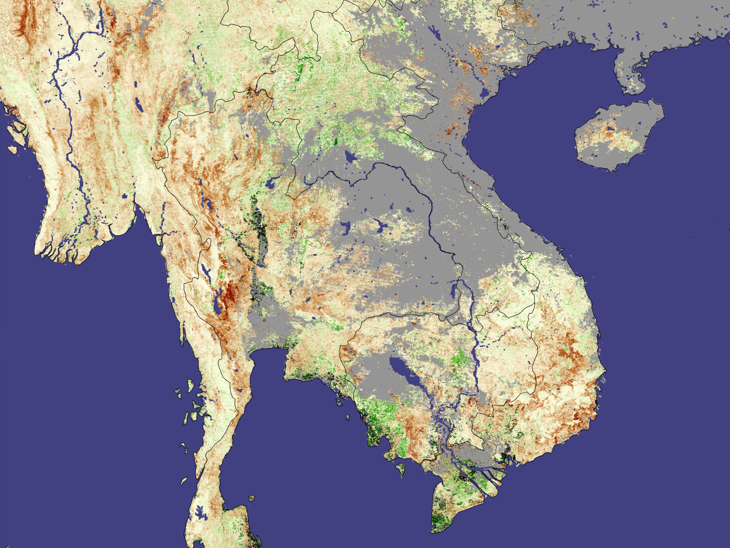 Visual data showing drought in Southeast Asia, 18 February - 5 March 2005, captured by NASA’s Aqua and Terra satellites. NASA image created by Jesse Allen, Earth Observatory, using data provided by the joint Global Agricultural Monitoring Project between NASA, USDA’s Foreign Agricultural Service (FAS), and the University of Maryland.