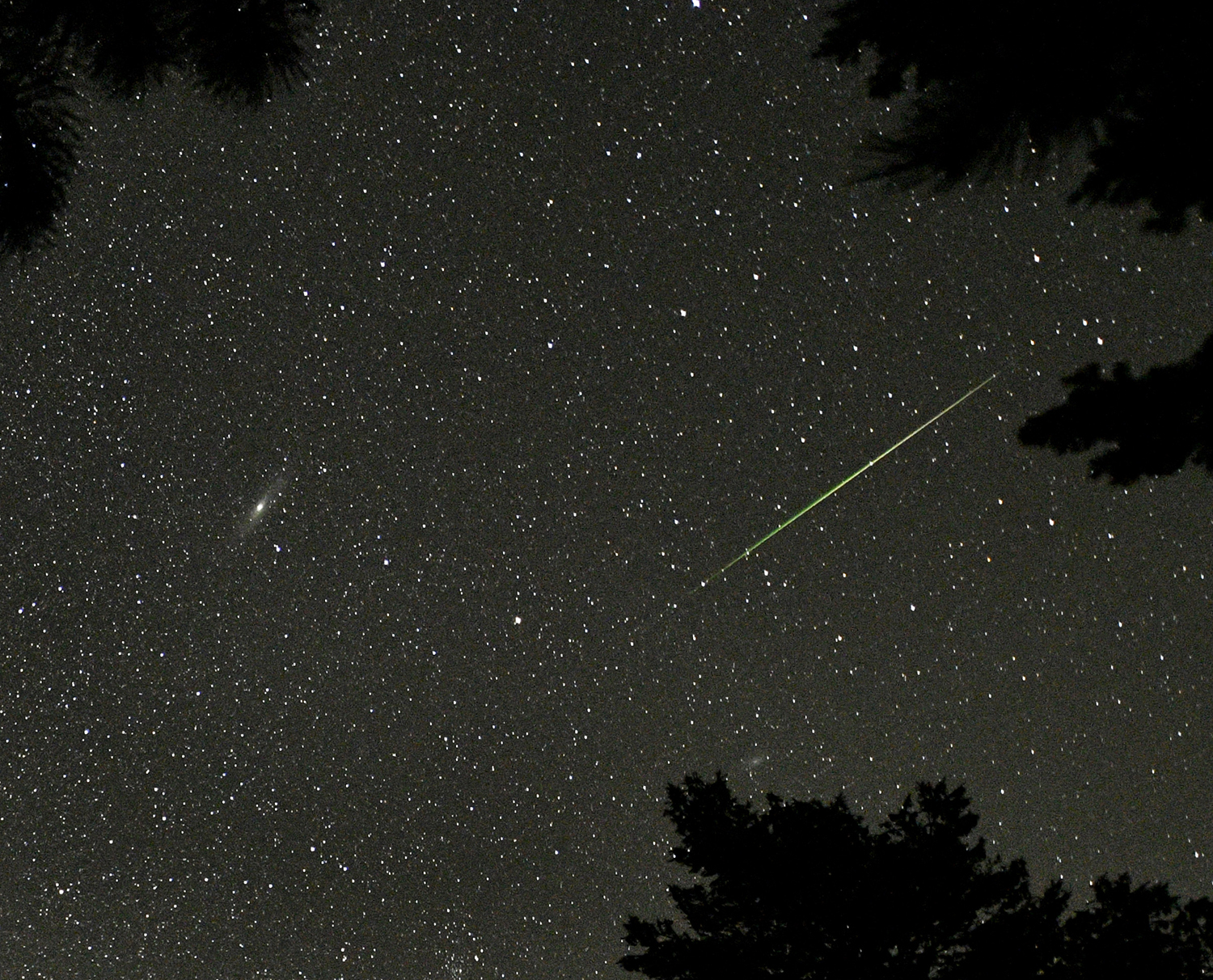 A Perseid meteor seen near the Andromeda Galaxy (the bright smudge on the left of the image, Rocky Mountain National Park, Colorado, US, 12 August 2018. Credit: STAN HONDA/AFP via Getty Images A Perseid meteor seen near the Andromeda Galaxy (the bright smudge on the left of the image, Rocky Mountain National Park, Colorado, US, 12 August 2018. Credit: STAN HONDA/AFP via Getty Images