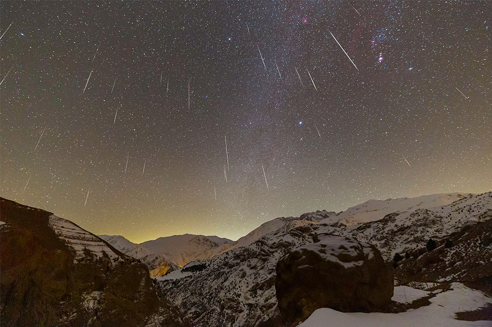 Geminids meteor shower Parisa Bajelan, Alamut Valley, Alborz, Iran, 14 December 2020. Equipment: Canon 6D DSLR (modified), Canon 16–35mm lens, Manfrotto MT190CXPRO4 tripod Geminids meteor shower Parisa Bajelan, Alamut Valley, Alborz, Iran, 14 December 2020. Equipment: Canon 6D DSLR (modified), Canon 16–35mm lens, Manfrotto MT190CXPRO4 tripod