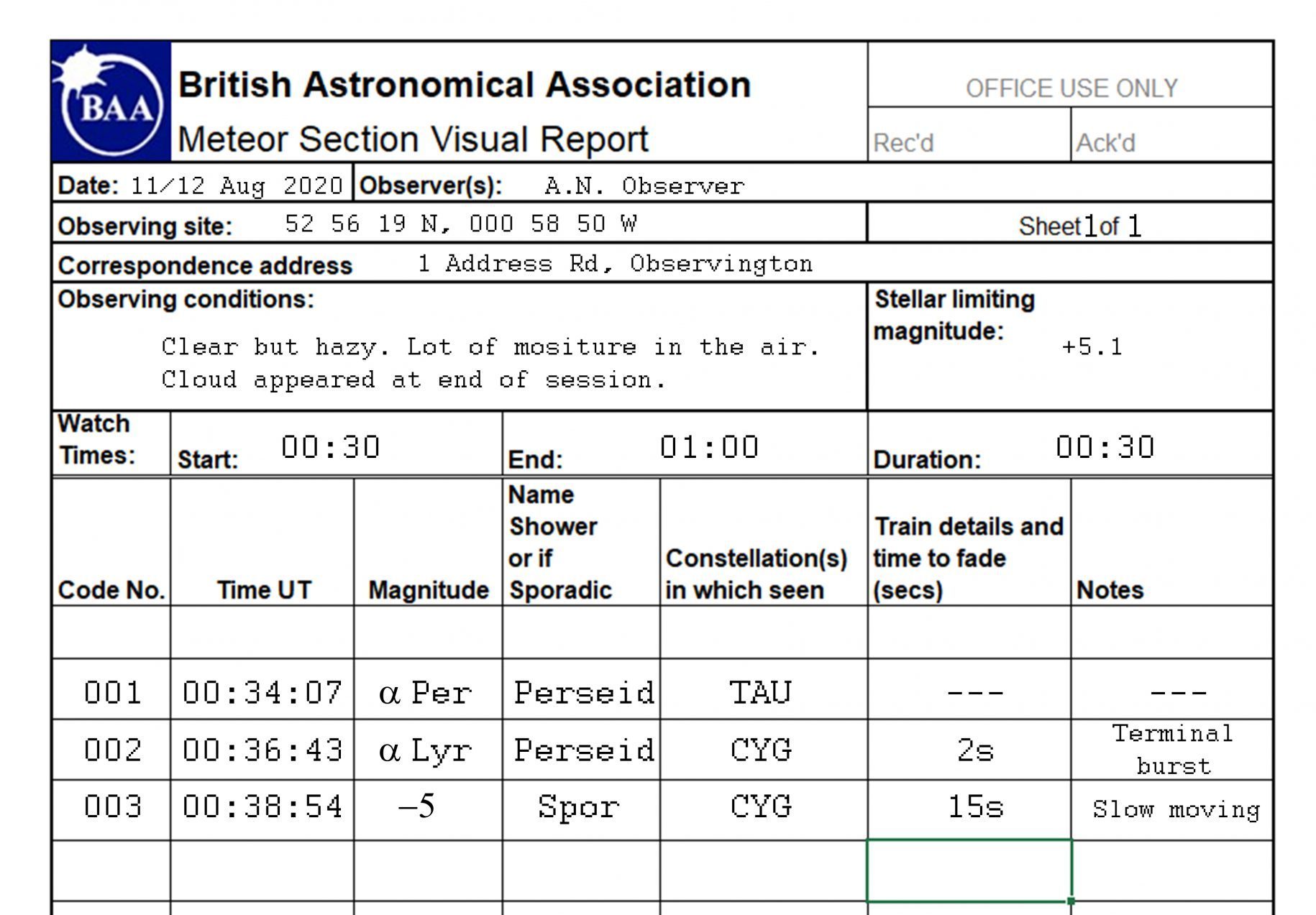 BAA meteor observing form