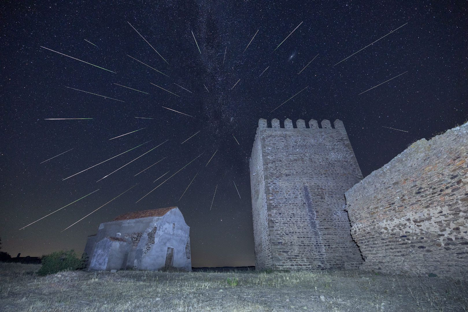 Composite image showing multiple Perseids, by Sérgio Conceição, Barrancos, Alentejo, Portugal, 12-13