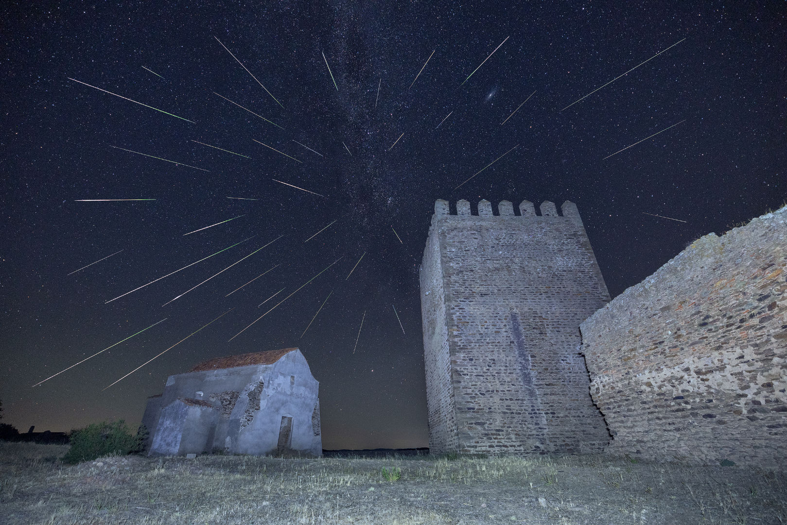 Composite image showing multiple Perseids, by Sérgio Conceição, Barrancos, Alentejo, Portugal, 12-13