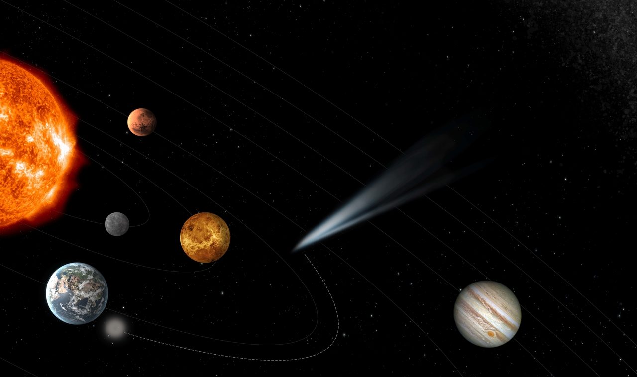 An artist's impression of a pristine comet entering the Solar System with the comet interceptor waiting to initiate contact in Earth's orbit. Credit: ESA
