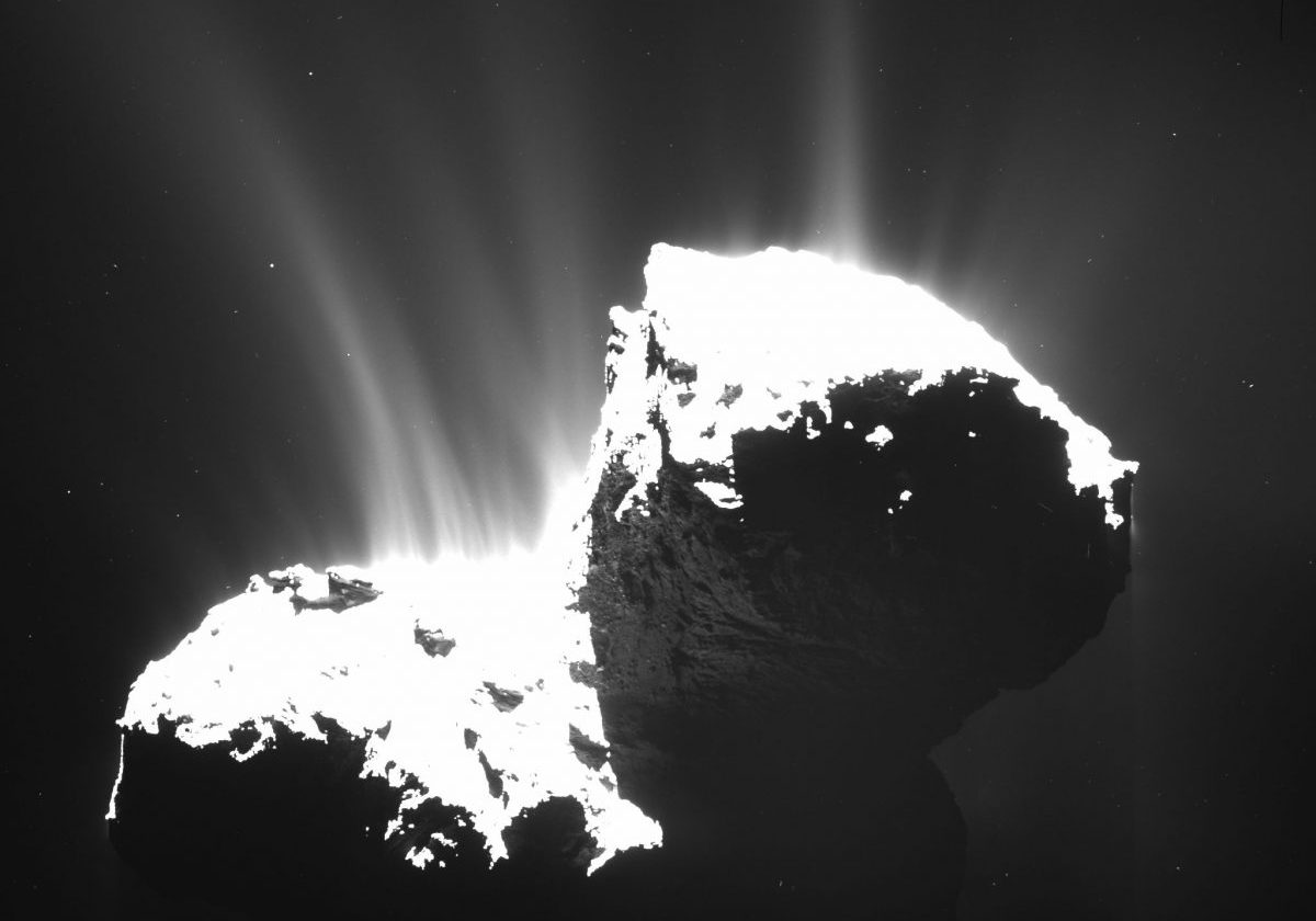 The Rosetta mission photographed plumes of dust and gas erupting from the surface of Comet 67P/Churyumov-Gerasimenko. Credit: ESA