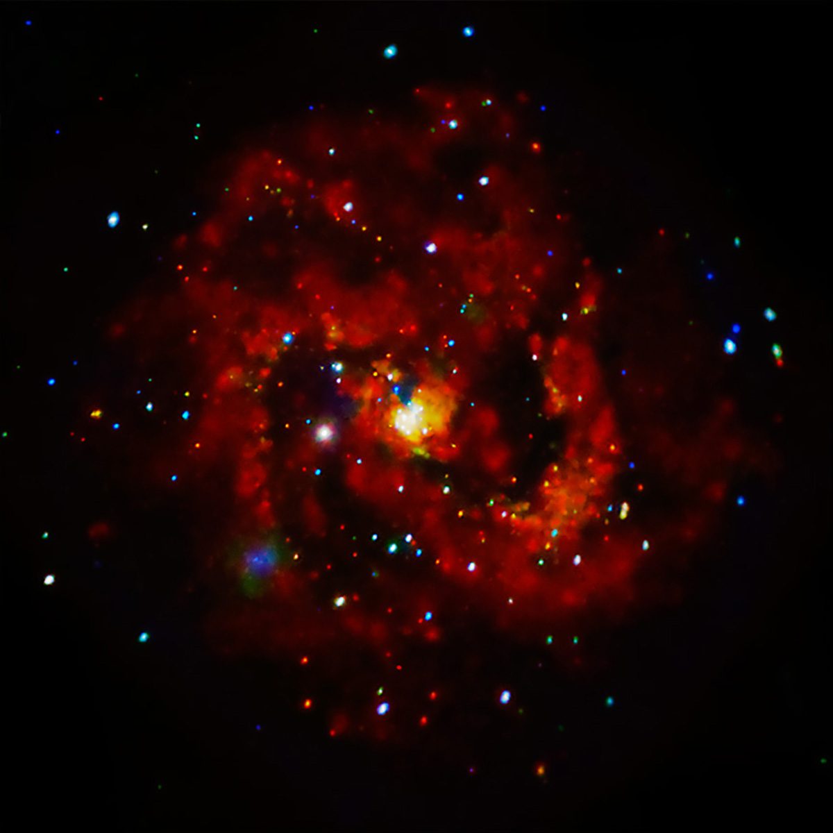 Image of galaxy M83 captured by the Chandra X-ray Observatory. Credit: NASA/CXC/SAO. Image Processing: NASA/CXC/SAO/A. Jubett, L. Frattare and P. Edmonds