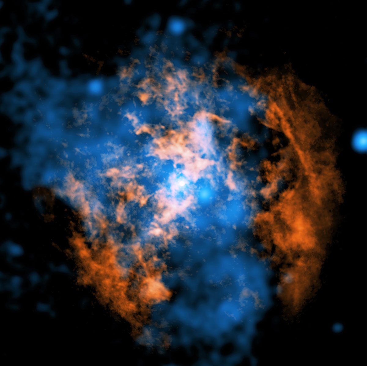 A composite image showing evidence for a wind blowing away from Sagittarius A* the supermassive black hole at the centre of our galaxy. The white dot in the centre is the black hole. Orange shows data from the Atacama Large Millimeter/Submillimeter Array, while blue is Chandra X-ray data. A cone-shaped cavity is visible as an absence of cold gas in the ALMA data, filled by hot X-ray-emitting gas in the Chandra data. X-ray: NASA/CXC/Northwestern Univ./M. Gorski; Radio: ESO/NAOJ/NRAO/ALMA; Image processing: NASA/CXC/SAO/K. Arcand and P. Edmonds