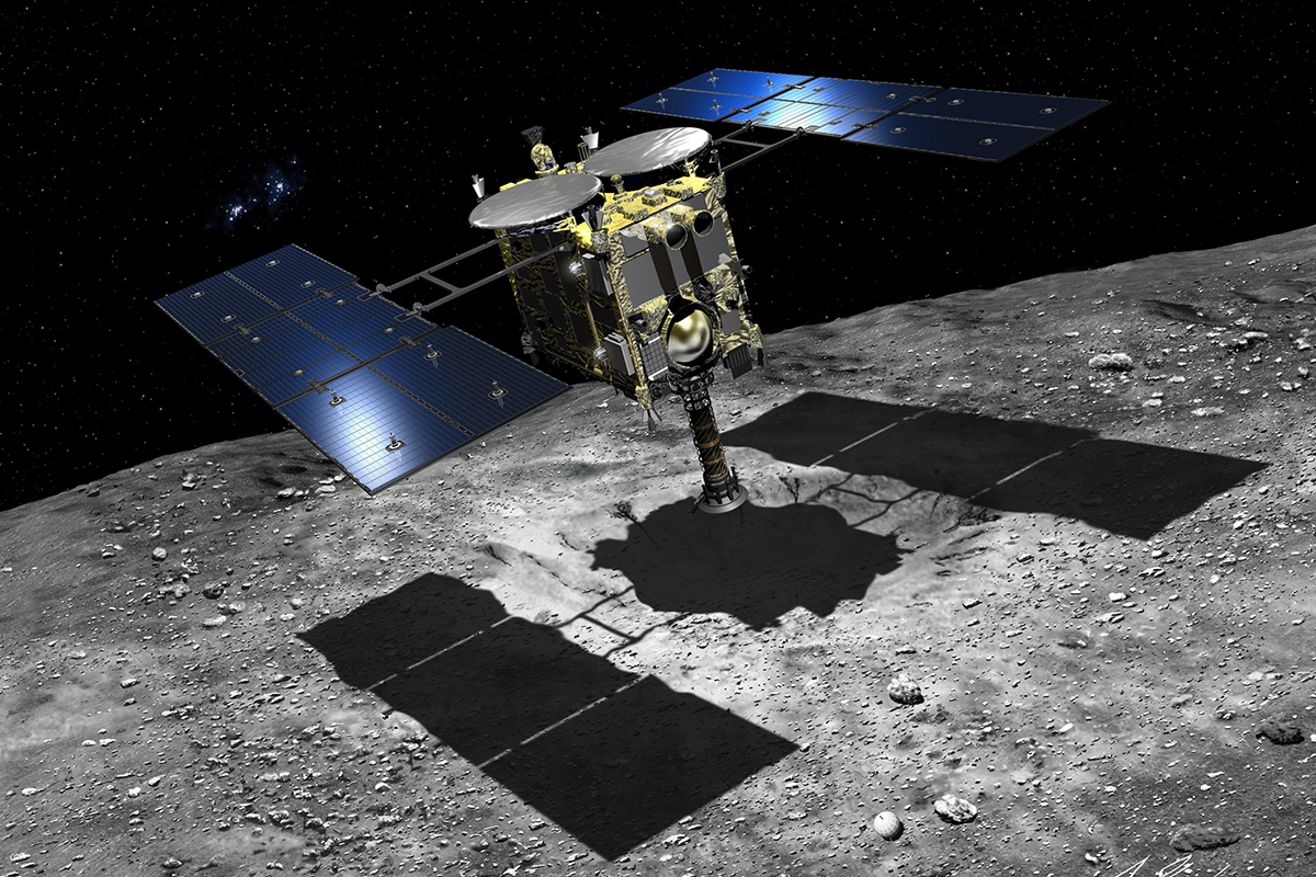 An artist’s impression of JAXA’s Hayabusa2 collecting samples from asteroid Ryugu