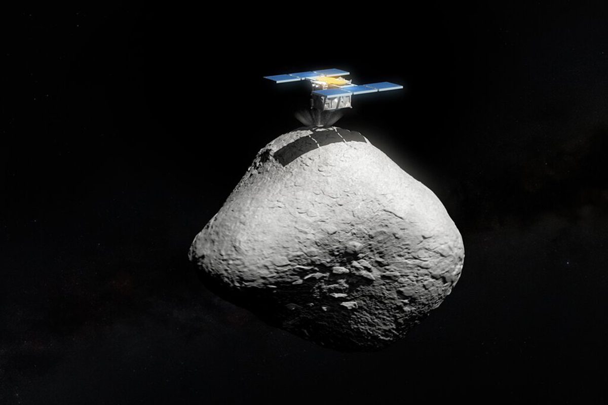 Artist's impression of Japan’s Hayabusa2 space mission touching down on the surface of asteroid 1998 KY26. Credit: ESO/M. Kornmesser. Asteroid: T. Santana-Ros et al. Hayabusa2 model: SuperTKG (CC-BY-SA)