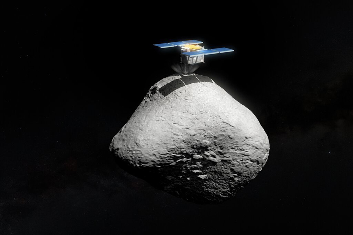 Artist's impression of Japan’s Hayabusa2 space mission touching down on the surface of asteroid 1998 KY26. Credit: ESO/M. Kornmesser. Asteroid: T. Santana-Ros et al. Hayabusa2 model: SuperTKG (CC-BY-SA)