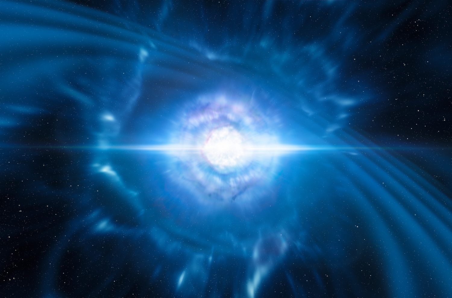 An artist’s impression showing two neutron stars colliding to produce gravitational waves. Credit: ESO/L. Calçada/M. Kornmesser