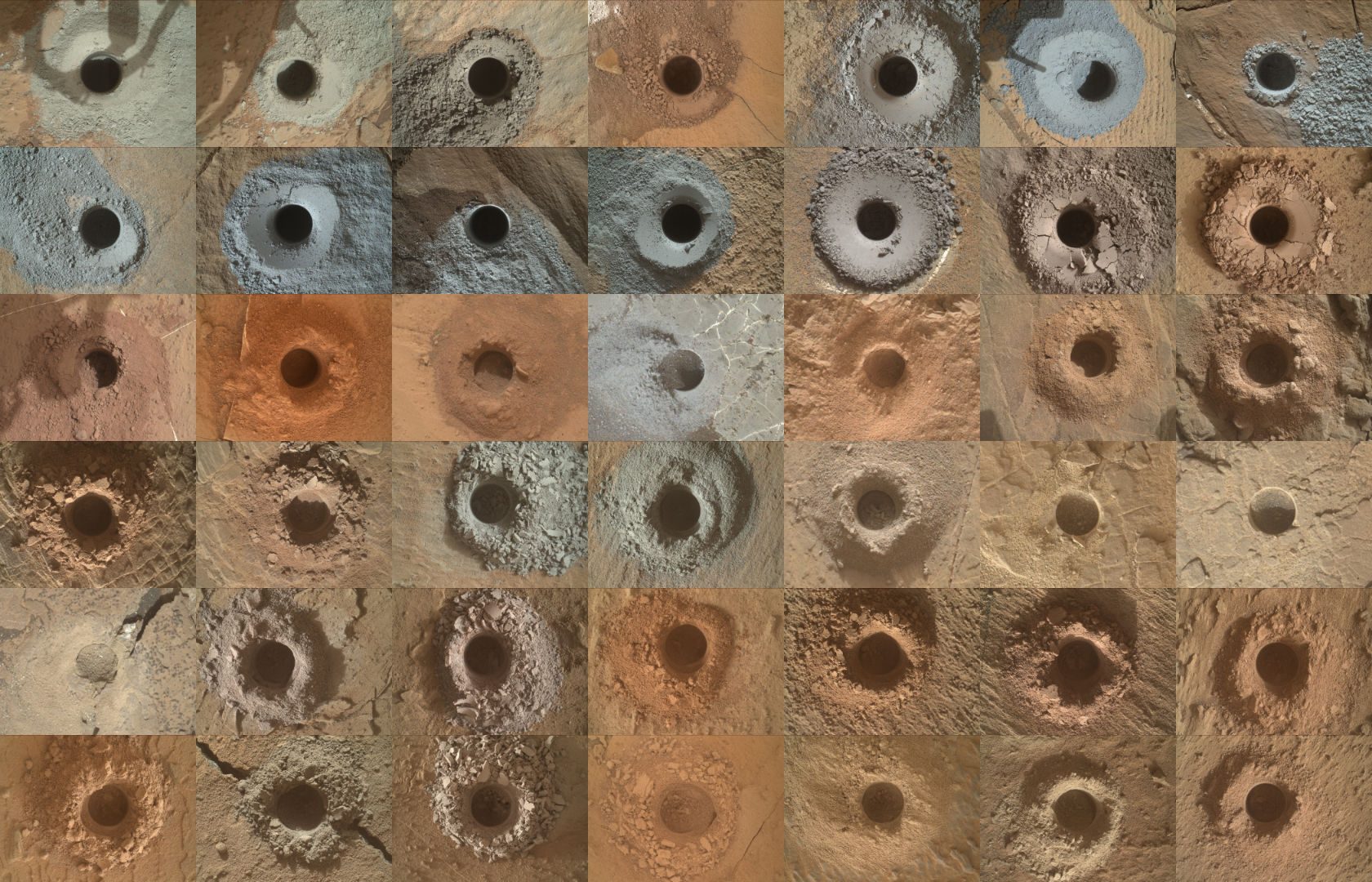 Drill holes on Mars, produced by the Curiosity Mars Rover. Credit: NASA/JPL-Caltech/MSSS