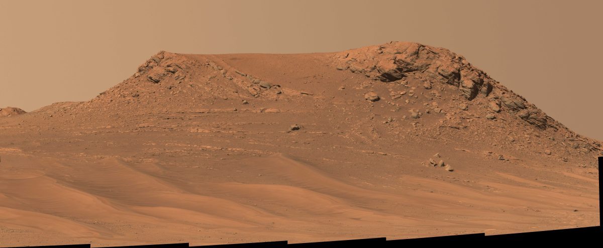 All signs point to liquid water once flowing on ancient Mars. This NASA Perseverance Mars rover image shows a hill named 'Pinestand' with tall sedimentary layers that could have been formed by a powerful river. Credit: NASA/JPL-Caltech/ASU/MSSS