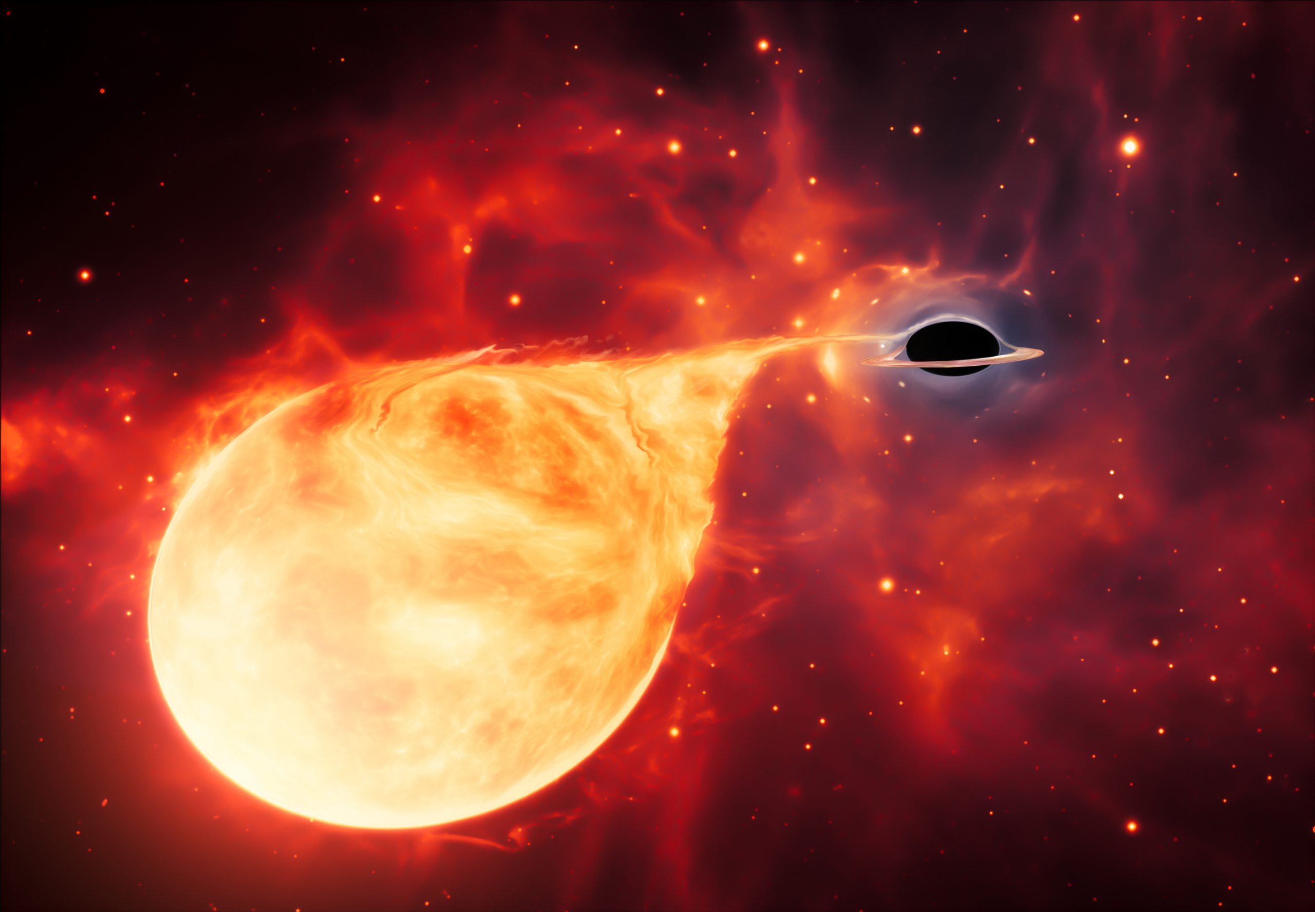 An artist’s impression showing a star being torn apart by an intermediate-mass black hole. Credit: ESA/Hubble, M. Kornmesser An artist’s impression showing a star being torn apart by an intermediate-mass black hole. Credit: ESA/Hubble, M. Kornmesser