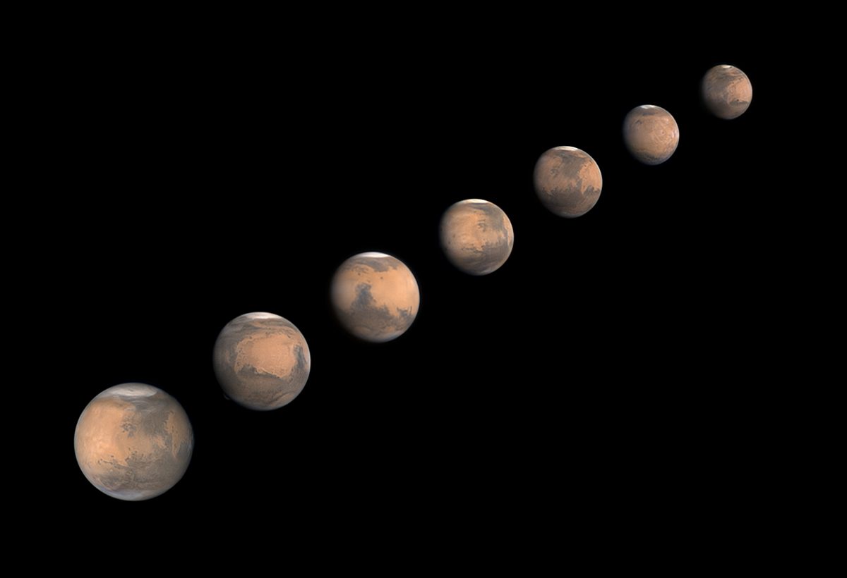 Mars in 2025 © Tom Williams (UK), Planets, Comets and Asteroids category. Taken with a custom 600 mm (24″) Dobsonian reflector, UV/IR cut filter, Player-One Astronomy Uranus-C camera, 10,500 mm f/17.5, multiple 10-millisecond exposures. Location: Trowbridge, Wiltshire, England, 3 January, 16, 25 February, 15, 22 March, 13 and 27 April 2025
