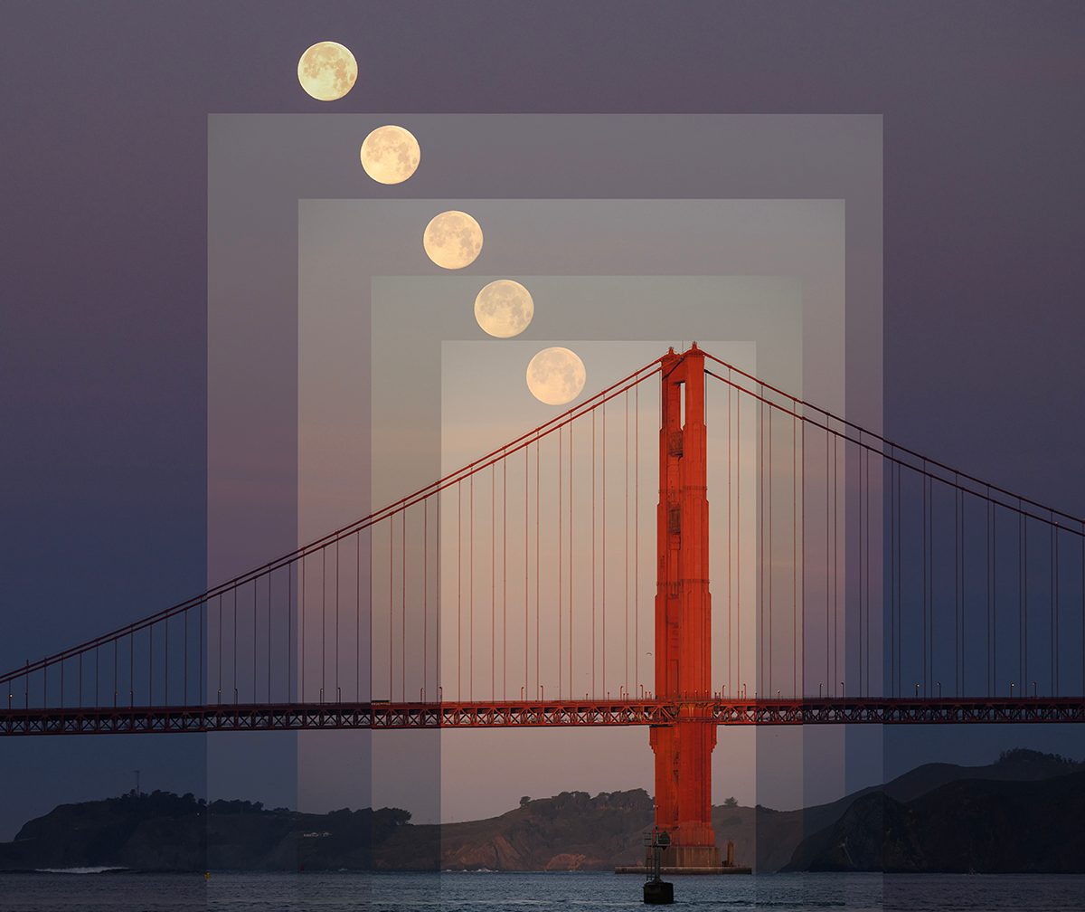 Fifteen Minutes of Moonset and Sunrise Over the Golden Gate © Fredric Walder (USA), People and Space category. Taken with a Nikon Z 8 camera, 150 to 380 mm, f/9, ISO 1000, multiple 1.25- to 2.5-millisecond exposures. Location: San Francisco, California, USA, 2 February 2026