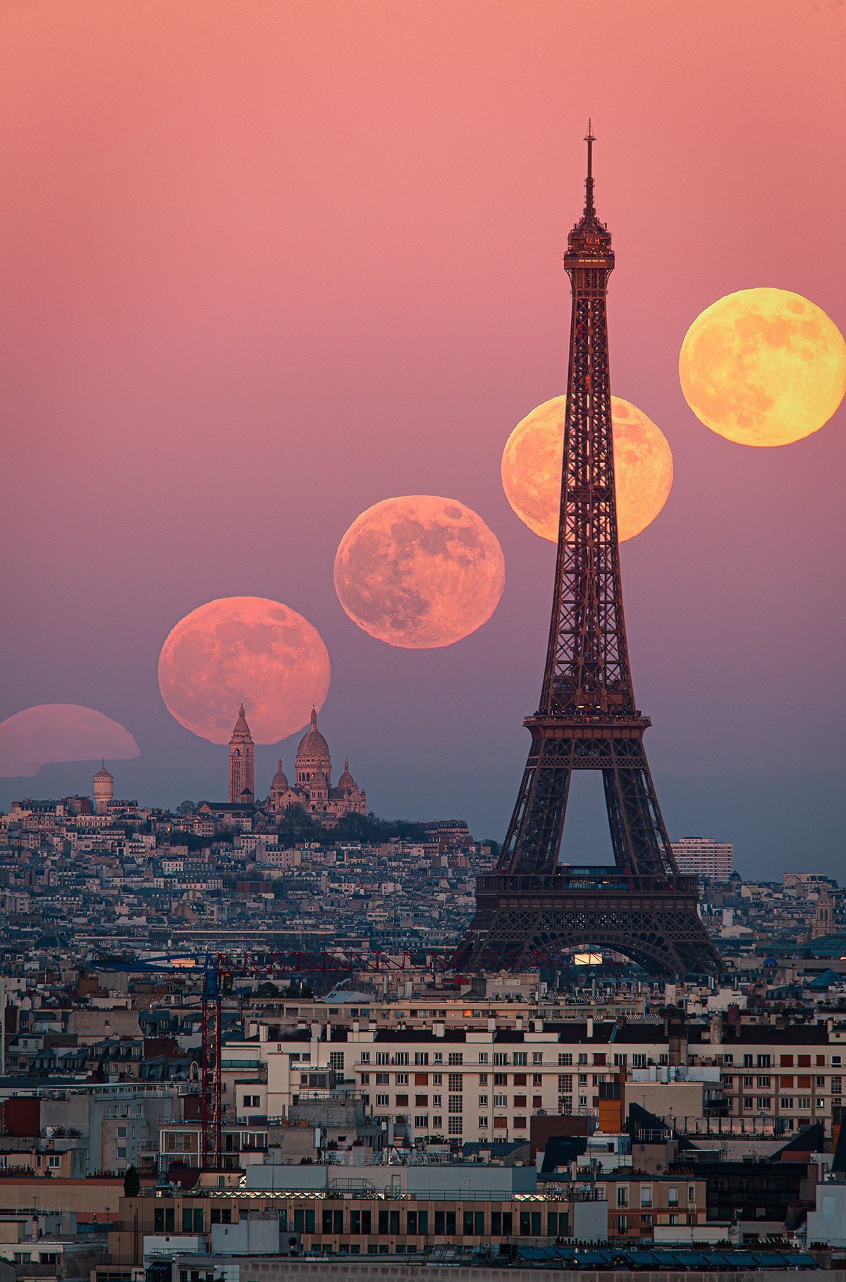 Supermoon Path Over Paris at Sunset © Martin Giraud (France), Our Moon category. Taken with a Canon EOS 6D camera, Sigma 150-600 mm lens, 500 mm f/8, ISO 100, 1/60-second exposure. Location: Meudon, Île-de-France, France, 3 January 2026