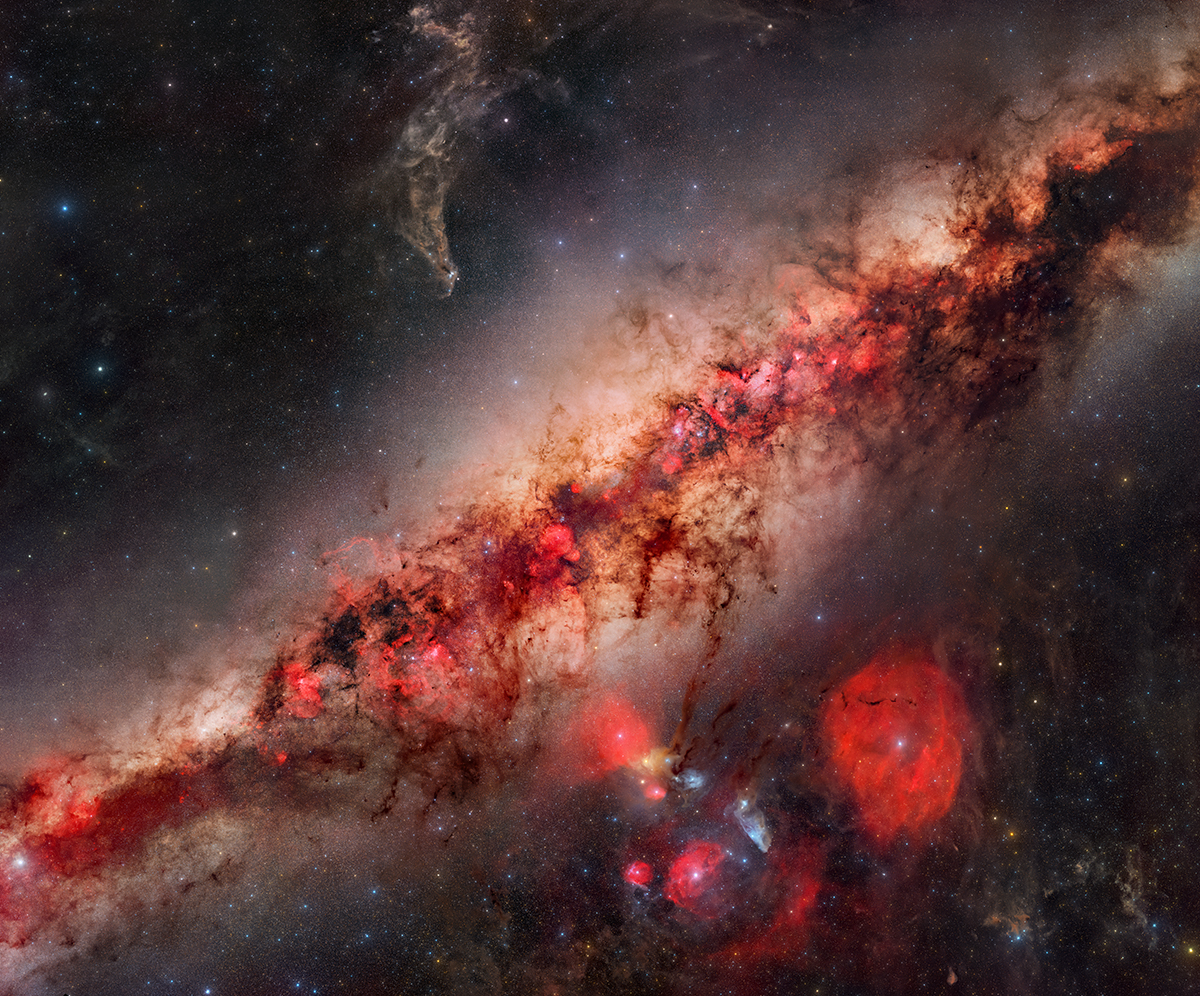 A Deep Look Into the Milky Way's Core © Jakob Sahner (Germany), Stars and Nebulae category. Taken with a Sony Alpha 7 III and Nikon Z 6 cameras, Samyang 135 mm f/2 lens, Sky-Watcher Star Adventurer GTi mount, 135 mm f/2, ISO 1600, 1,950 x 90-second H-alpha exposures, 2,182 x 90-second RGB exposures. Location: Koireb, Windhoek Rural, Namibia, 19 May–1 June 2025