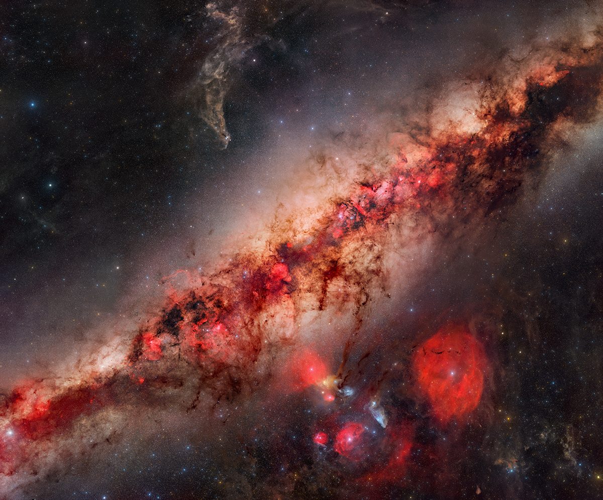 A Deep Look Into the Milky Way's Core © Jakob Sahner (Germany), Stars and Nebulae category. Taken with a Sony Alpha 7 III and Nikon Z 6 cameras, Samyang 135 mm f/2 lens, Sky-Watcher Star Adventurer GTi mount, 135 mm f/2, ISO 1600, 1,950 x 90-second H-alpha exposures, 2,182 x 90-second RGB exposures. Location: Koireb, Windhoek Rural, Namibia, 19 May–1 June 2025